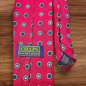 Vintage Chaps Ralph Lauren Men's Tie Pink Circle Pattern‎ Linen Necktie